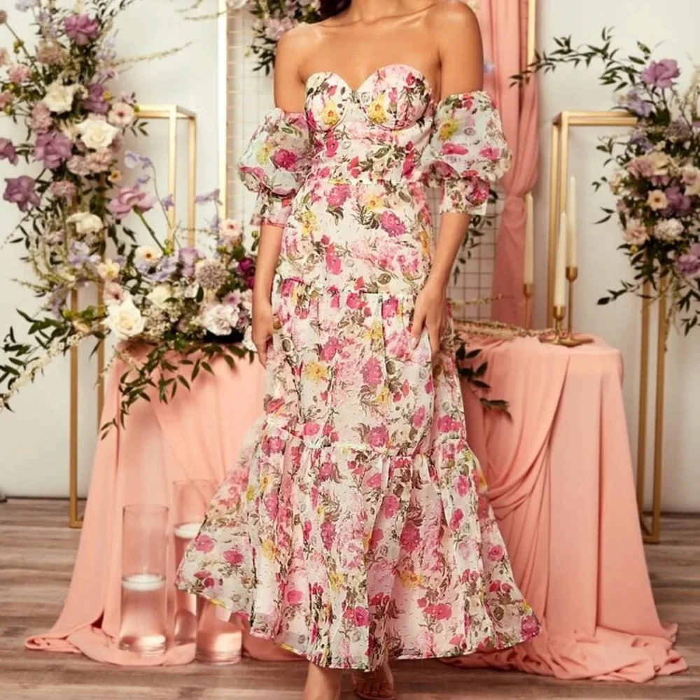 floral off shoulder puff sleeve dress Katie Floral Off The Shoulder Puff Sleeve Maxi Dress in Ivory Floral